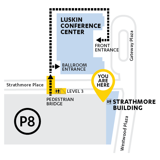 A map indicating the path from lot 8 to the conference center. Please see text above for detailed directions.